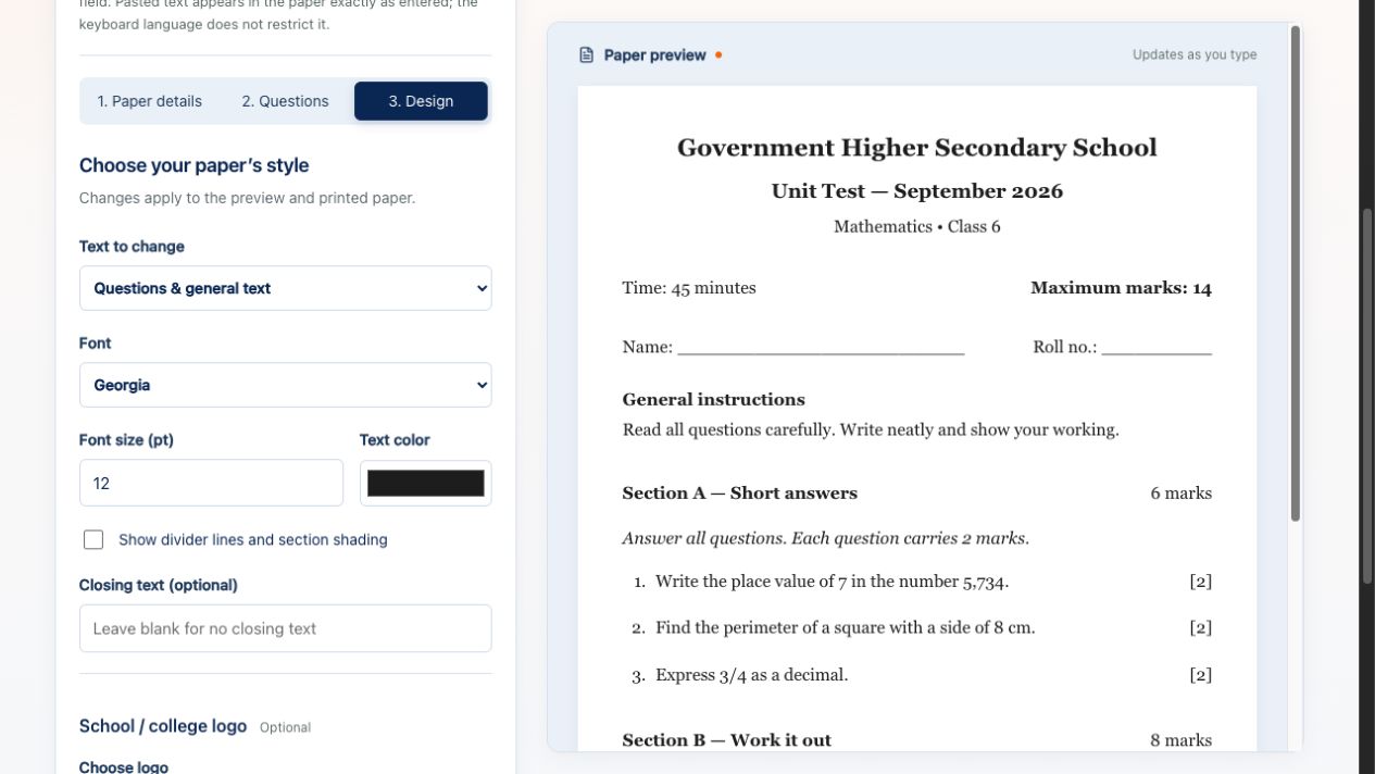 Design screen showing font, size and colour settings alongside a formatted question paper.