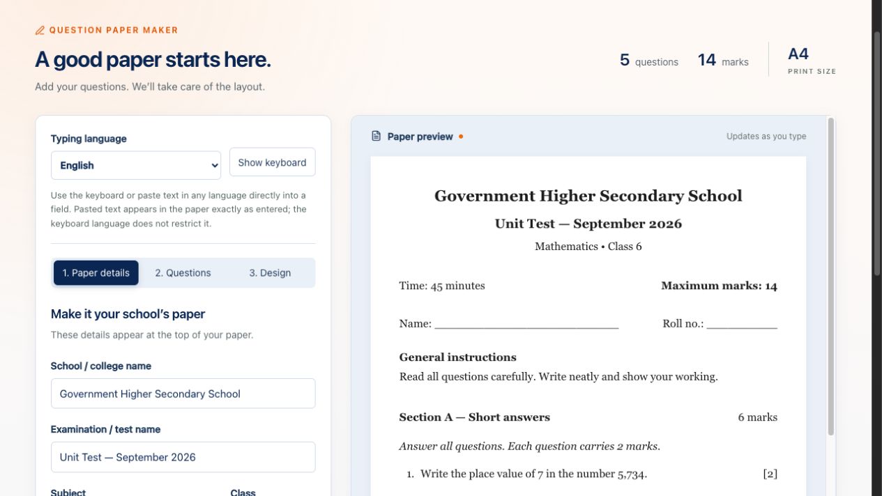 Question Paper Maker showing editable school details beside the live sample mathematics paper.