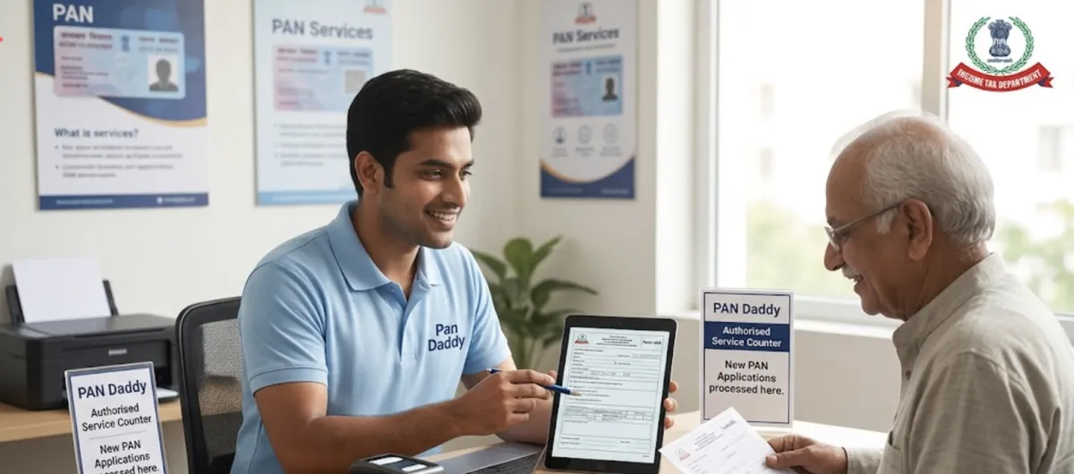 Service desk agent assisting an applicant with new PAN application documents
